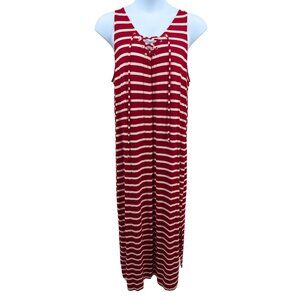 Old Navy Red and White Striped Lace-Up Tank Maxi Dress